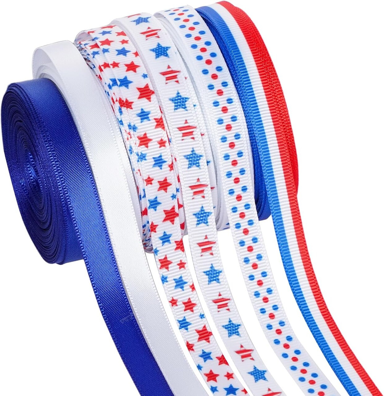 6 Rolls Patriotic Grosgrain Ribbon 4th of July Ribbons with Red White Blue Patriotic Stars Polka Dot Stripes